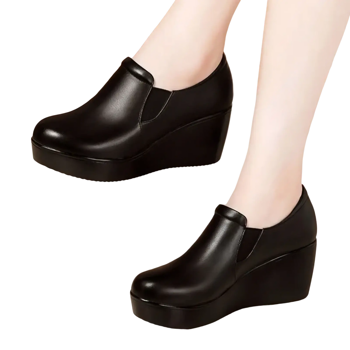 Women black wedge heel leather shoes with sleek slip-on design and thick platform soles