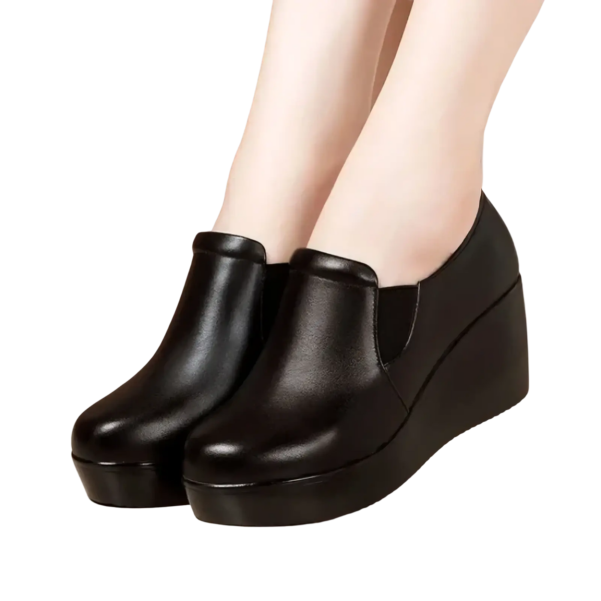 Women black wedge heel leather ankle boots with smooth glossy finish and elastic side panels