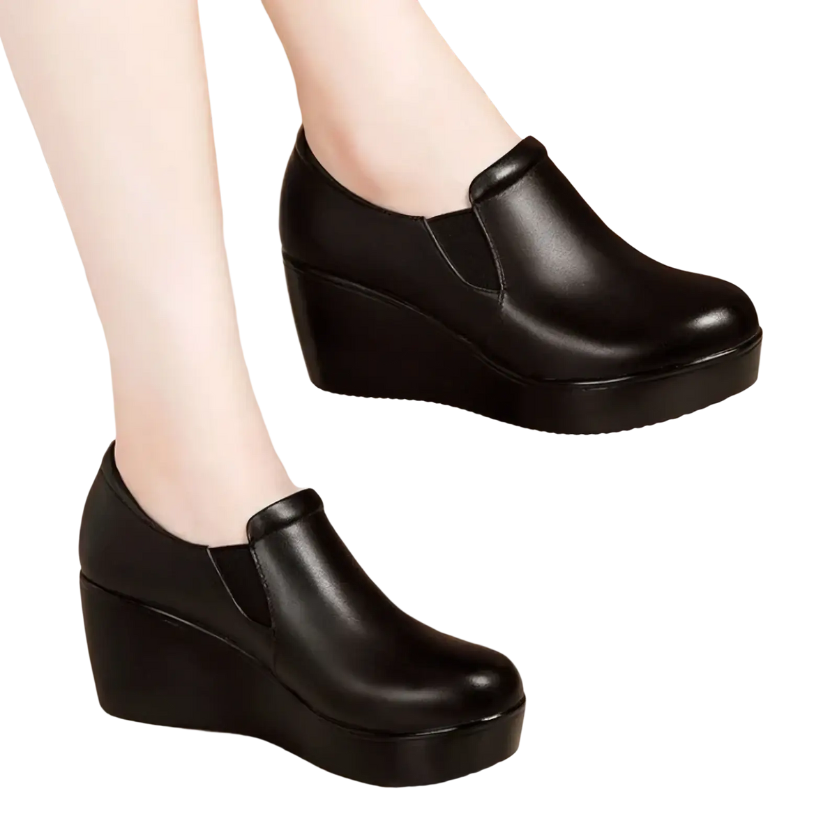 Women black wedge heel leather shoes with sleek slip-on design and thick platform sole