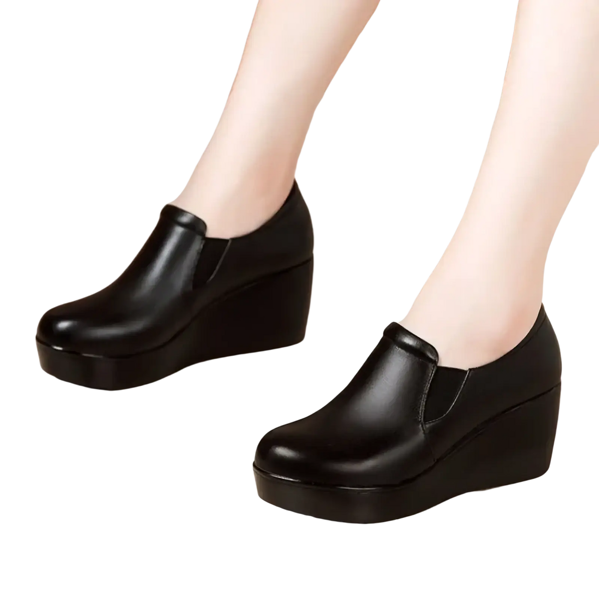 Women black wedge heel leather shoes featuring a sleek slip-on design with a comfortable platform sole