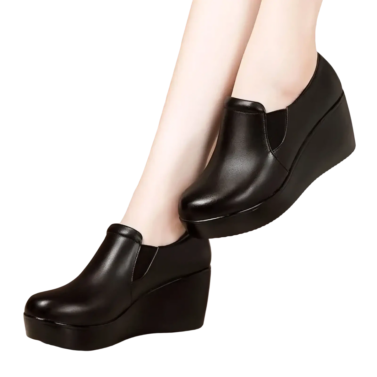 Women black wedge heel leather shoes featuring sleek slip-on design with elastic side panels in black leather