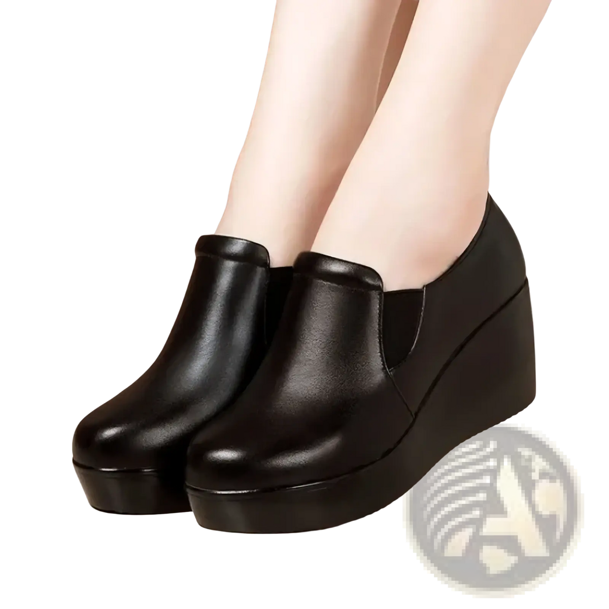 Women black wedge heel leather ankle boots with smooth glossy finish and elastic side panels