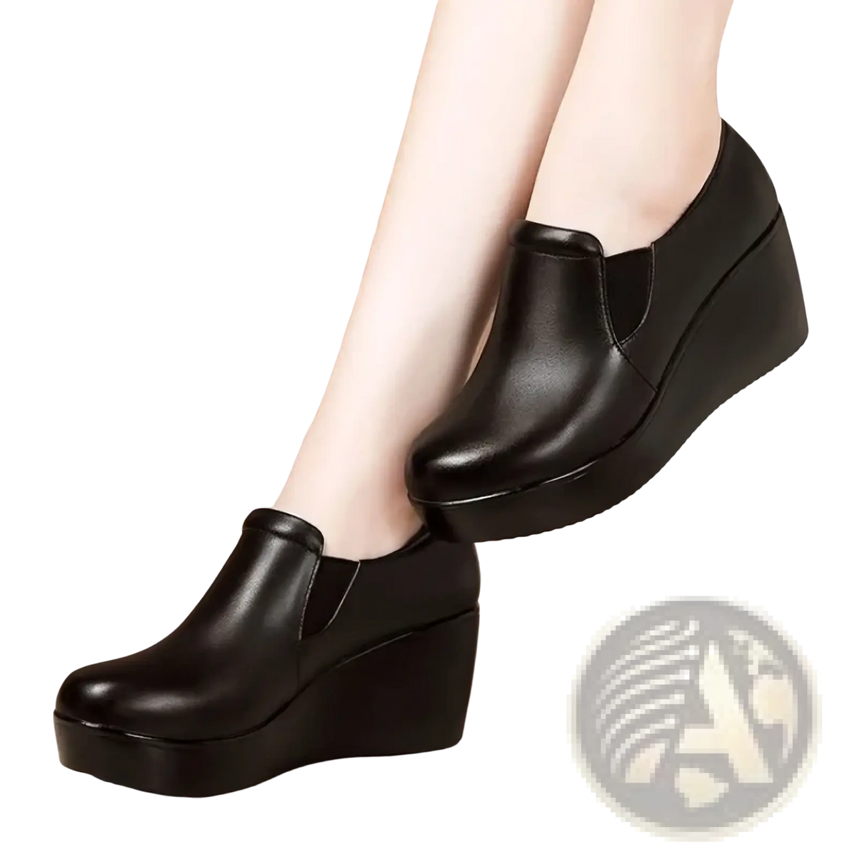 Women black wedge heel leather shoes featuring sleek slip-on design with elastic side panels in black leather