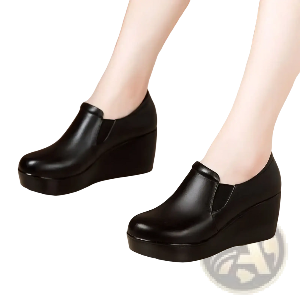 Women black wedge heel leather shoes featuring a sleek slip-on design with a comfortable platform sole