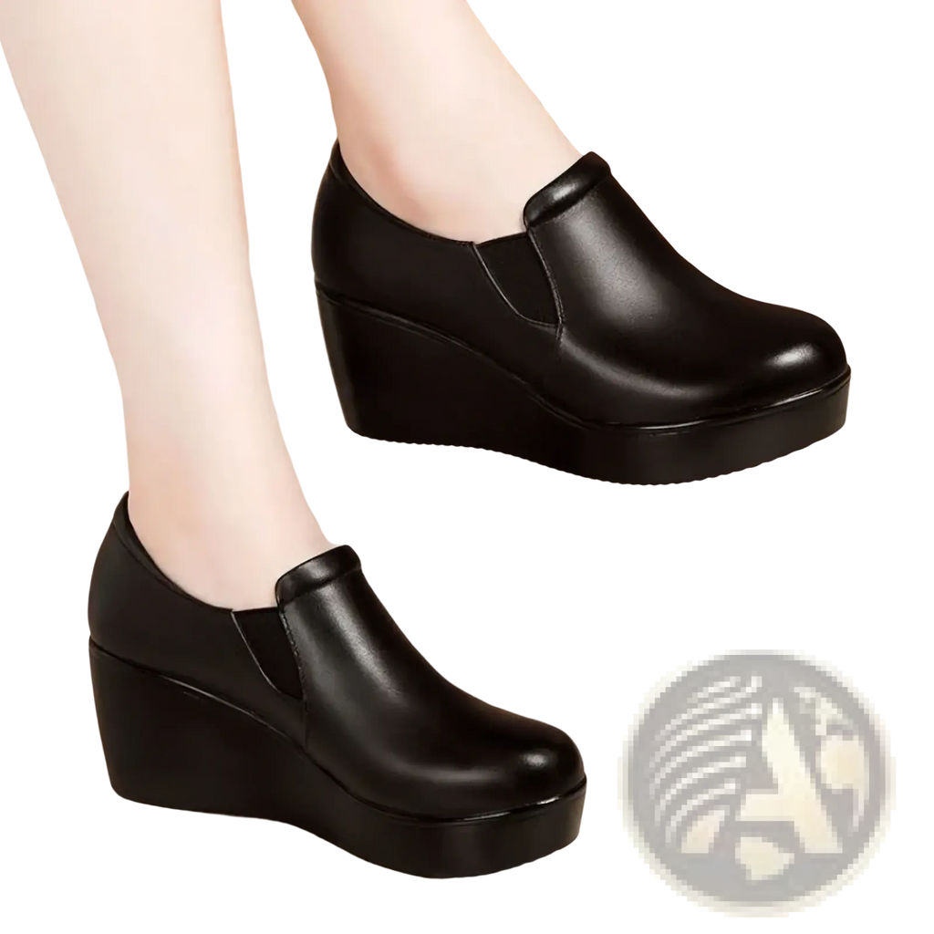 Women black wedge heel leather shoes with sleek slip-on design and thick platform sole