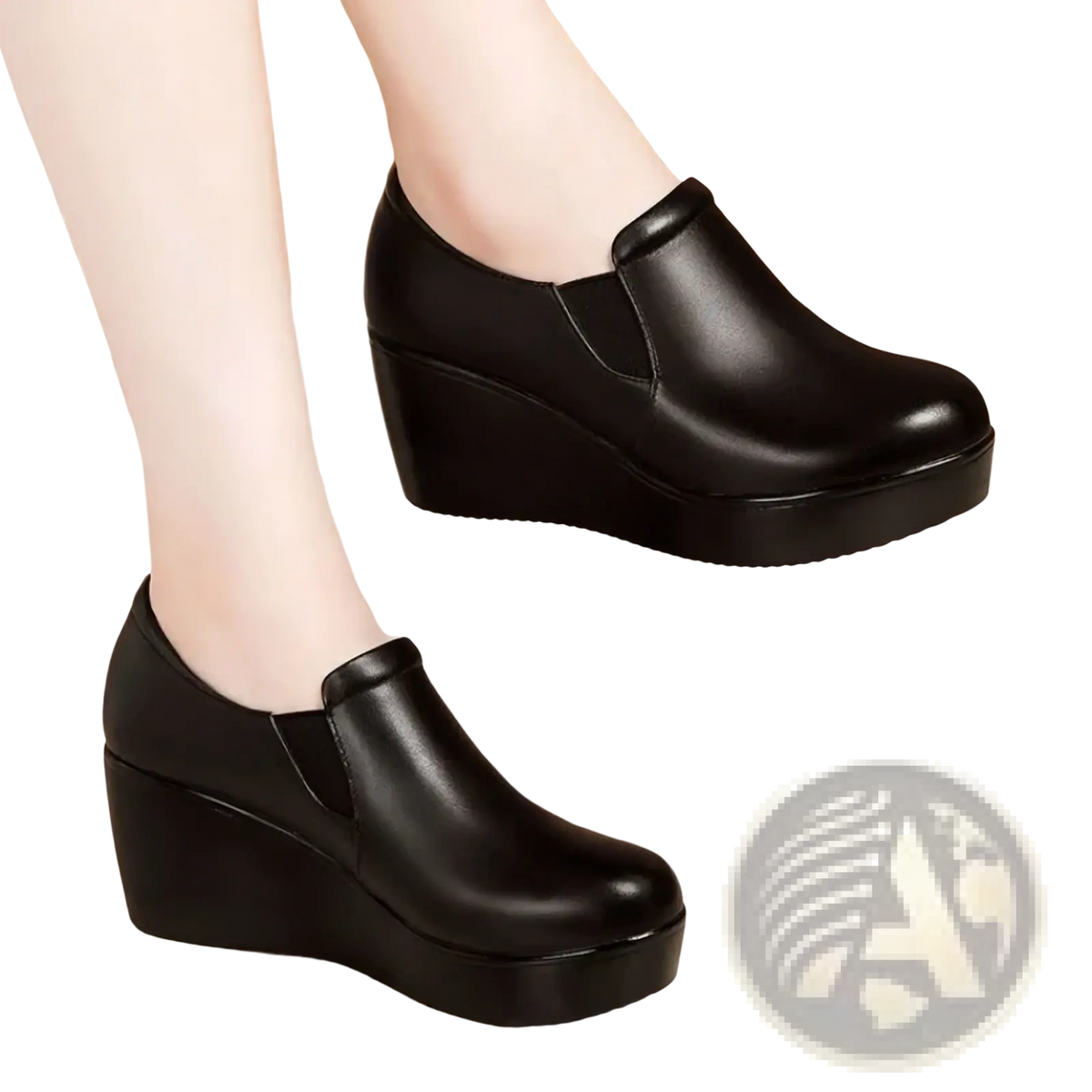 Women black wedge heel leather shoes with sleek slip-on design and thick platform sole