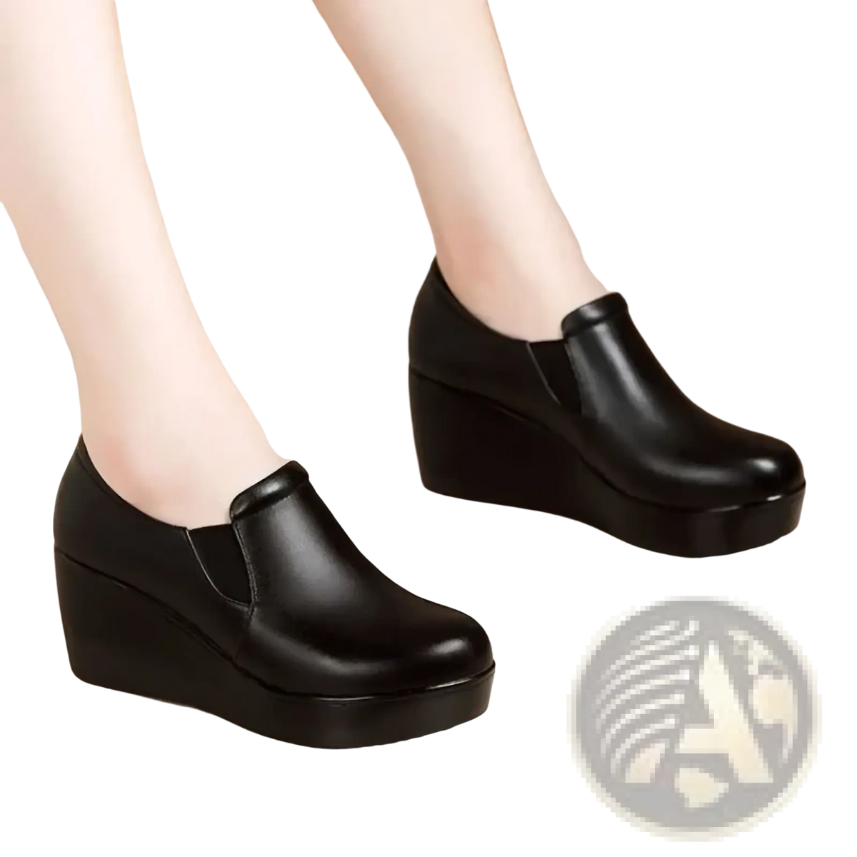 Women black wedge heel leather shoes with sleek slip-on design and thick platform sole visible from the back side