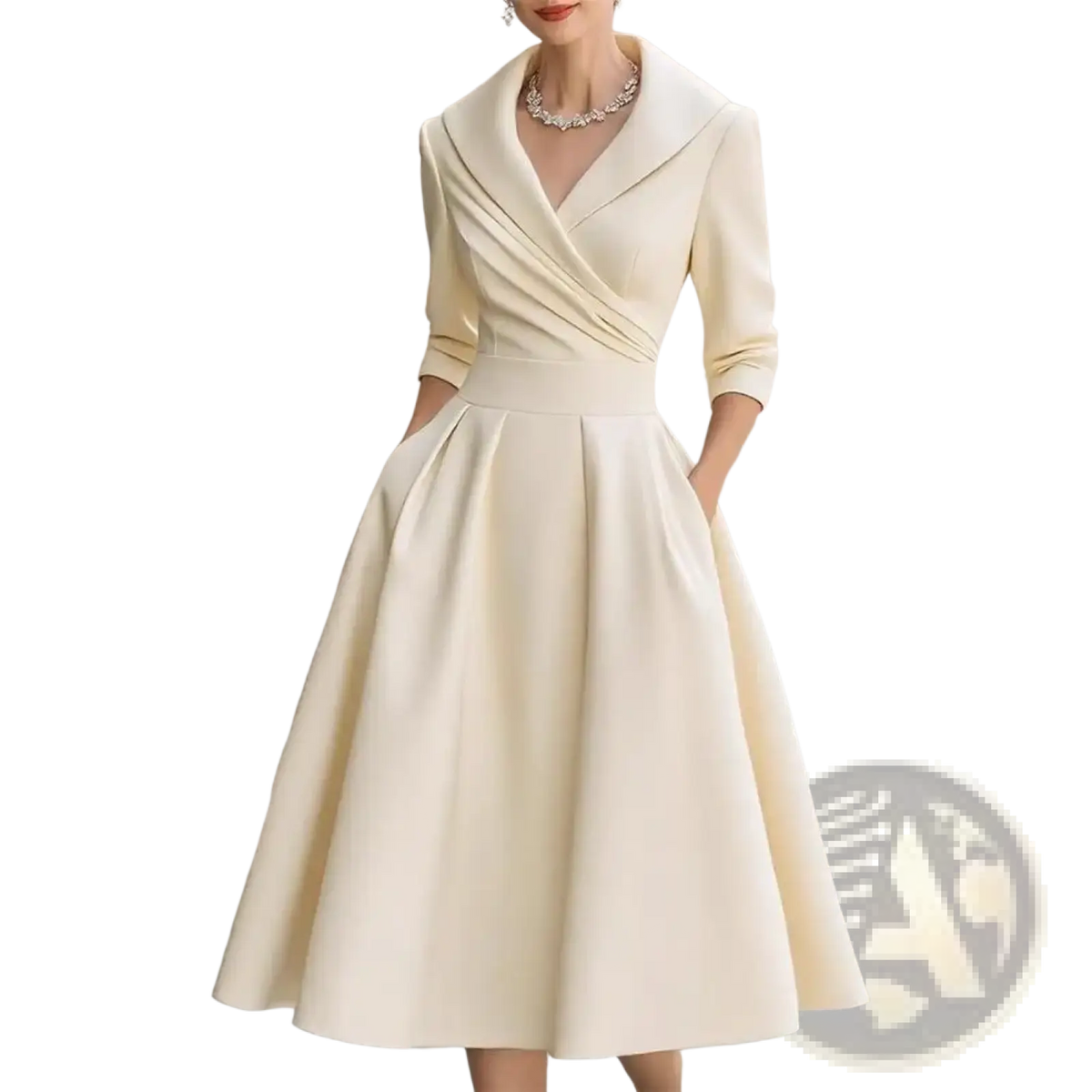 Cream-colored satin women blazer dress with tailored collar three-quarter sleeves and flared midi skirt for work