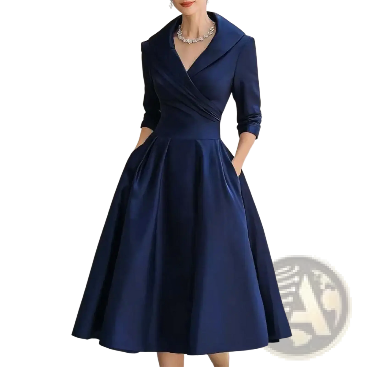 Navy blue satin women blazer dress with v neck notched collar and three quarter sleeves midi work dress