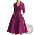 Women blazer dress elegant v neck midi work dress in purple satin with fitted bodice three-quarter sleeves and flared skirt