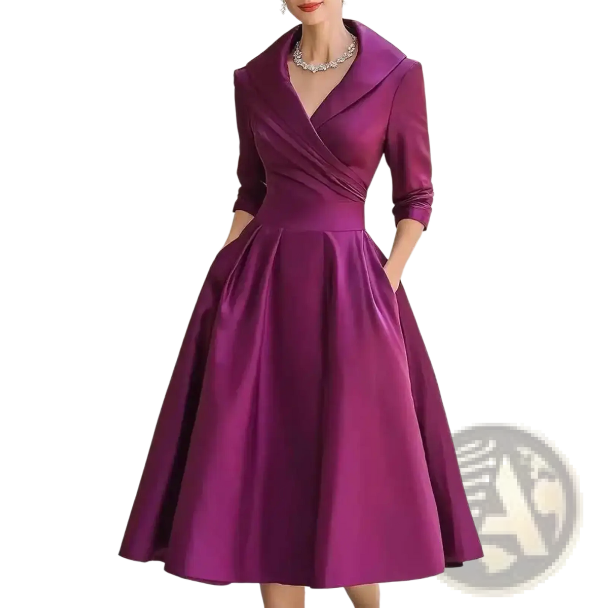 A woman elegant purple satin midi blazer dress with v neck structured collar three-quarter sleeves and flared skirt
