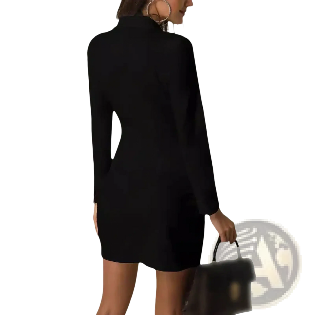 Black long-sleeved fitted blazer dress with high neckline double breasted office attire for women