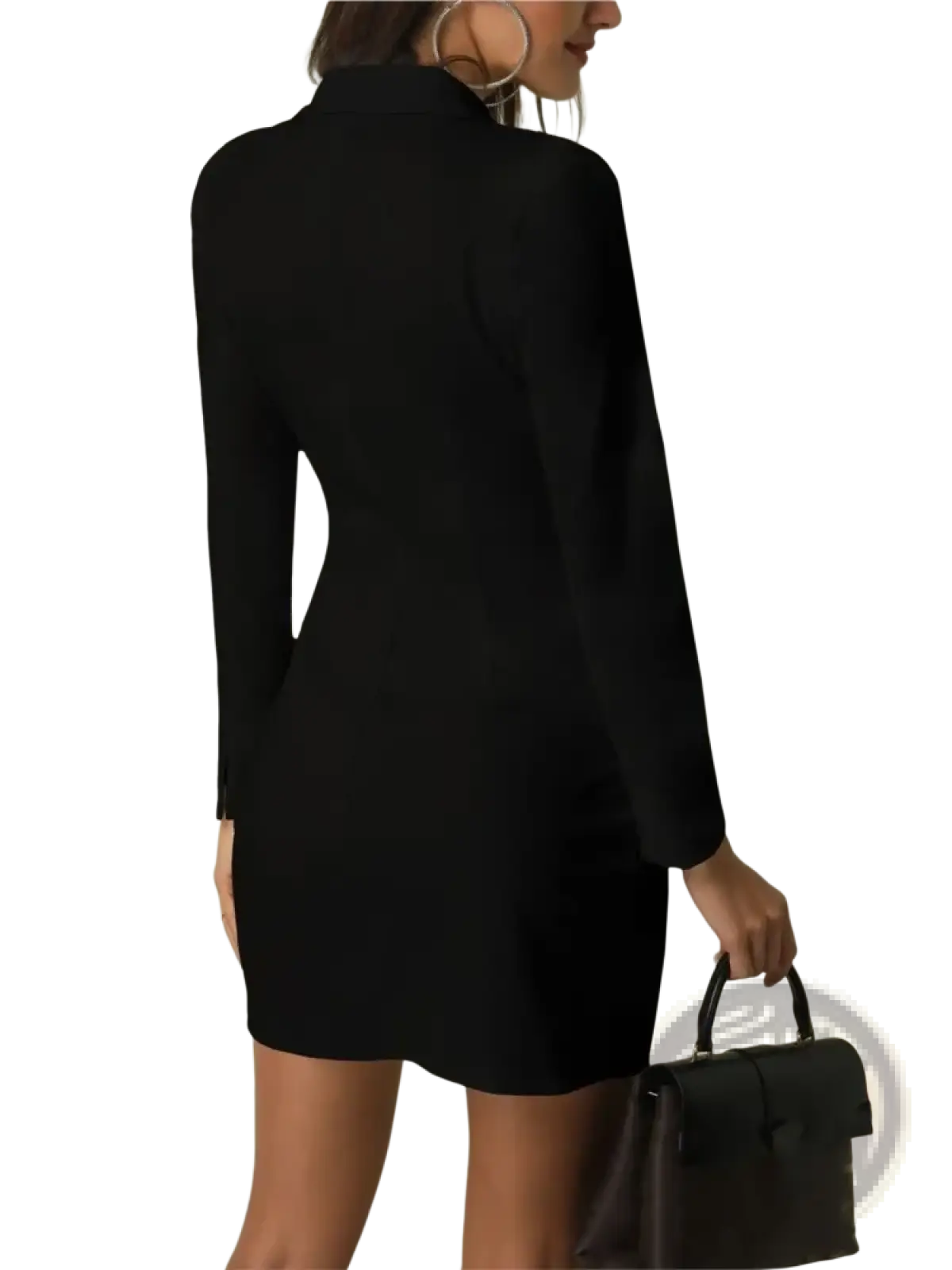 Black long-sleeved fitted mini blazer dress with high collar and subtle side seam detailing for women