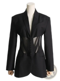 Women blazer patchwork waist black jacket with sheer panel detailing and structured shoulders for autumn wear