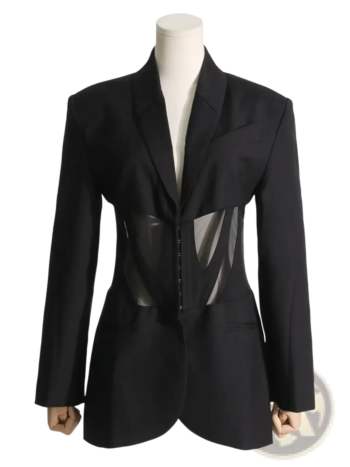 Women blazer patchwork waist black jacket with sheer panel detailing and structured shoulders for autumn wear