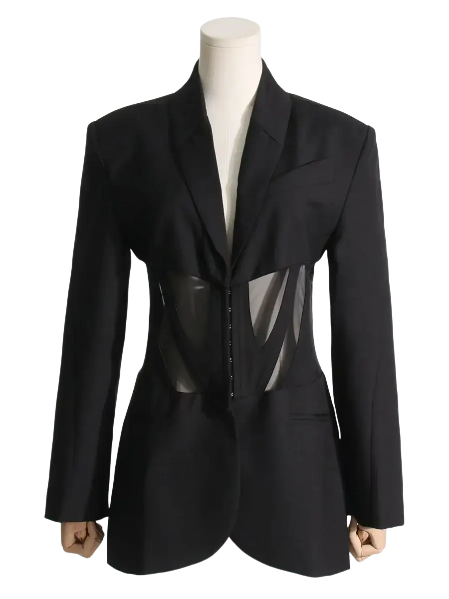 Women blazer patchwork waist black jacket with sheer panel detailing and structured shoulders for autumn wear