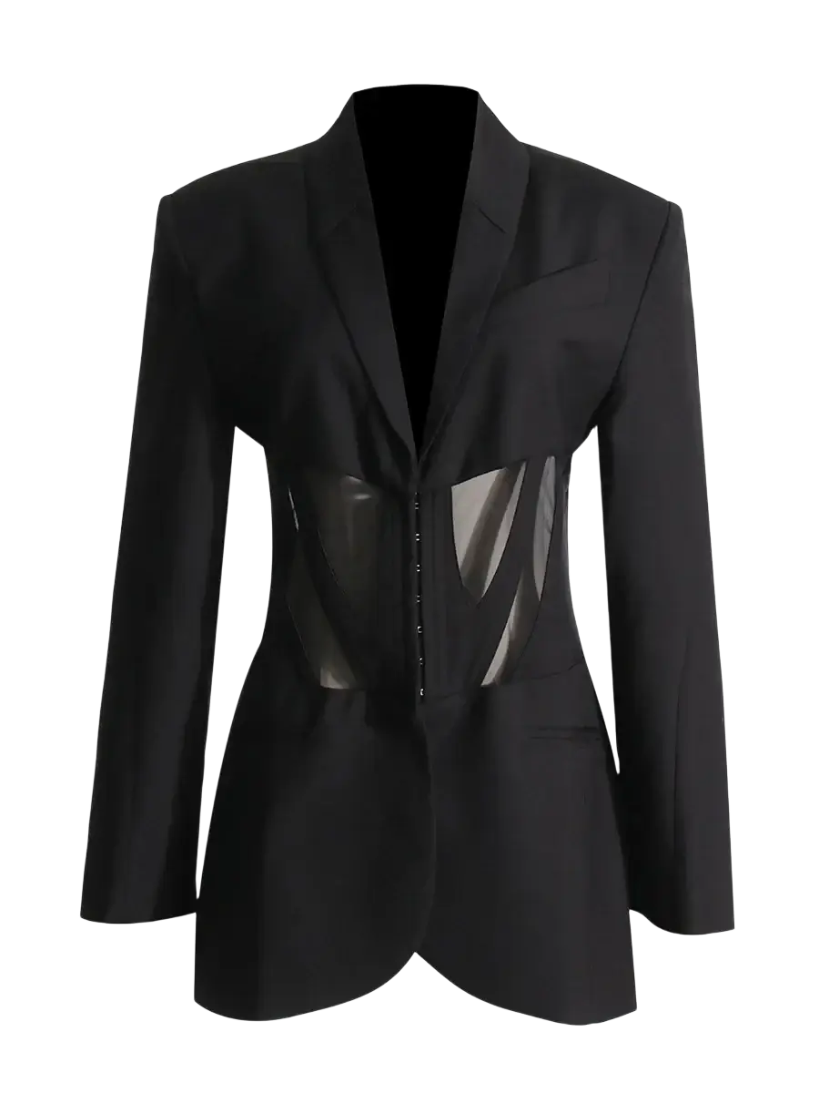 Women blazer patchwork waist black jacket with sleek structured design and transparent panel detailing front for autumn