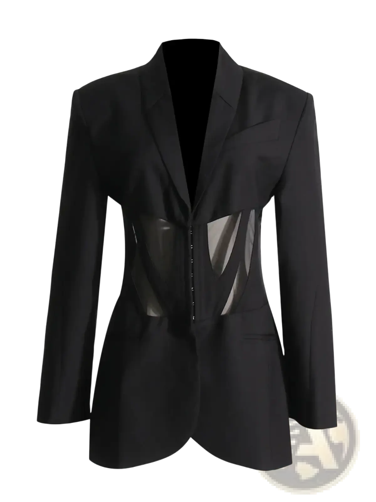 Women blazer patchwork waist black jacket with sleek structured design and transparent panel detailing front for autumn