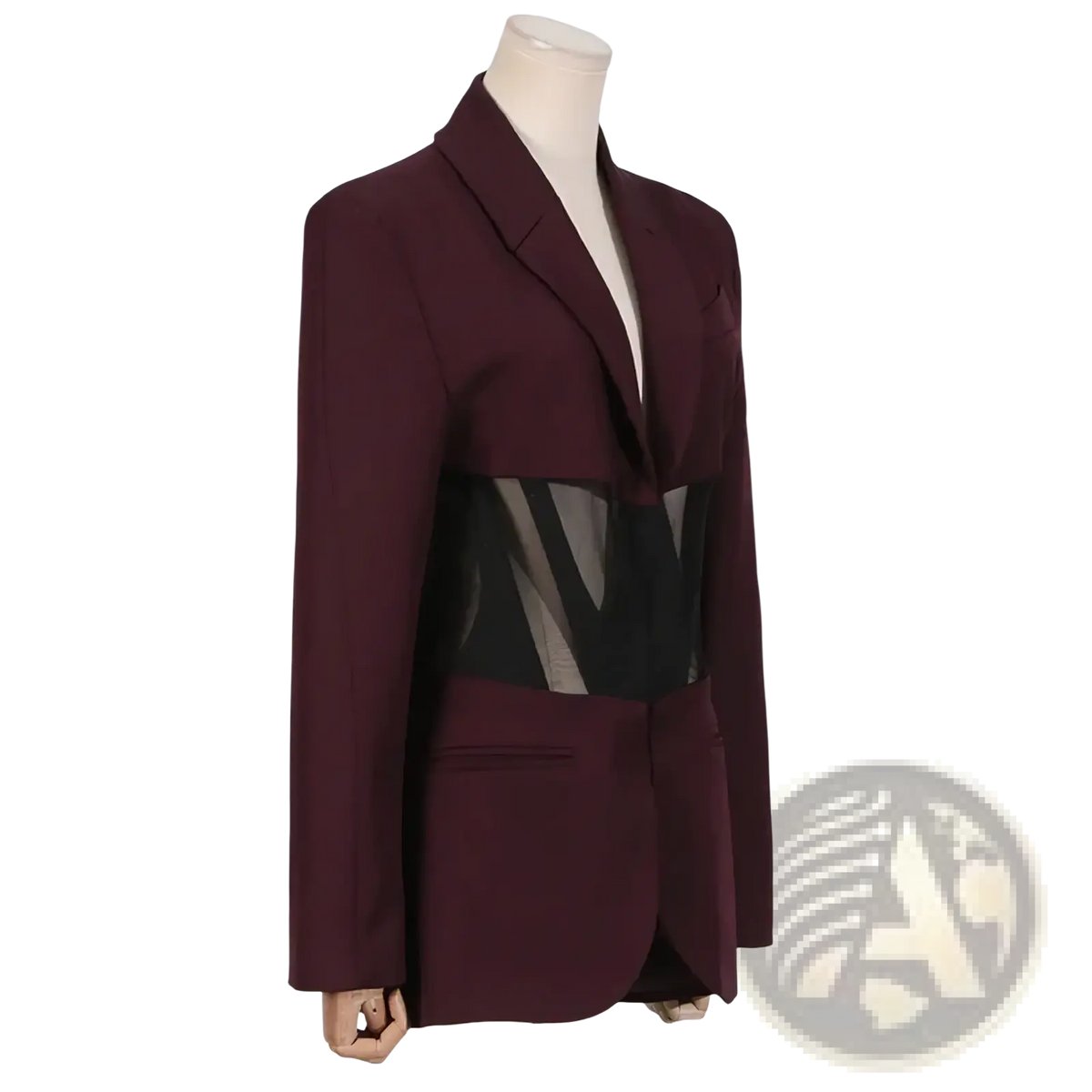 Women blazer patchwork waist jacket in maroon with bold black and gray geometric midsection for autumn wear