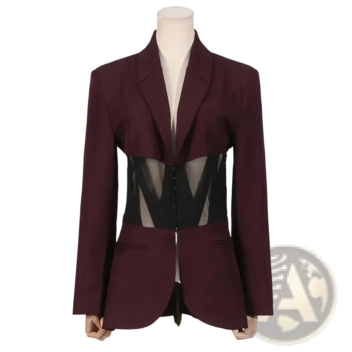 A structured maroon women blazer with black sheer mesh corset patchwork at the waist for autumn wear