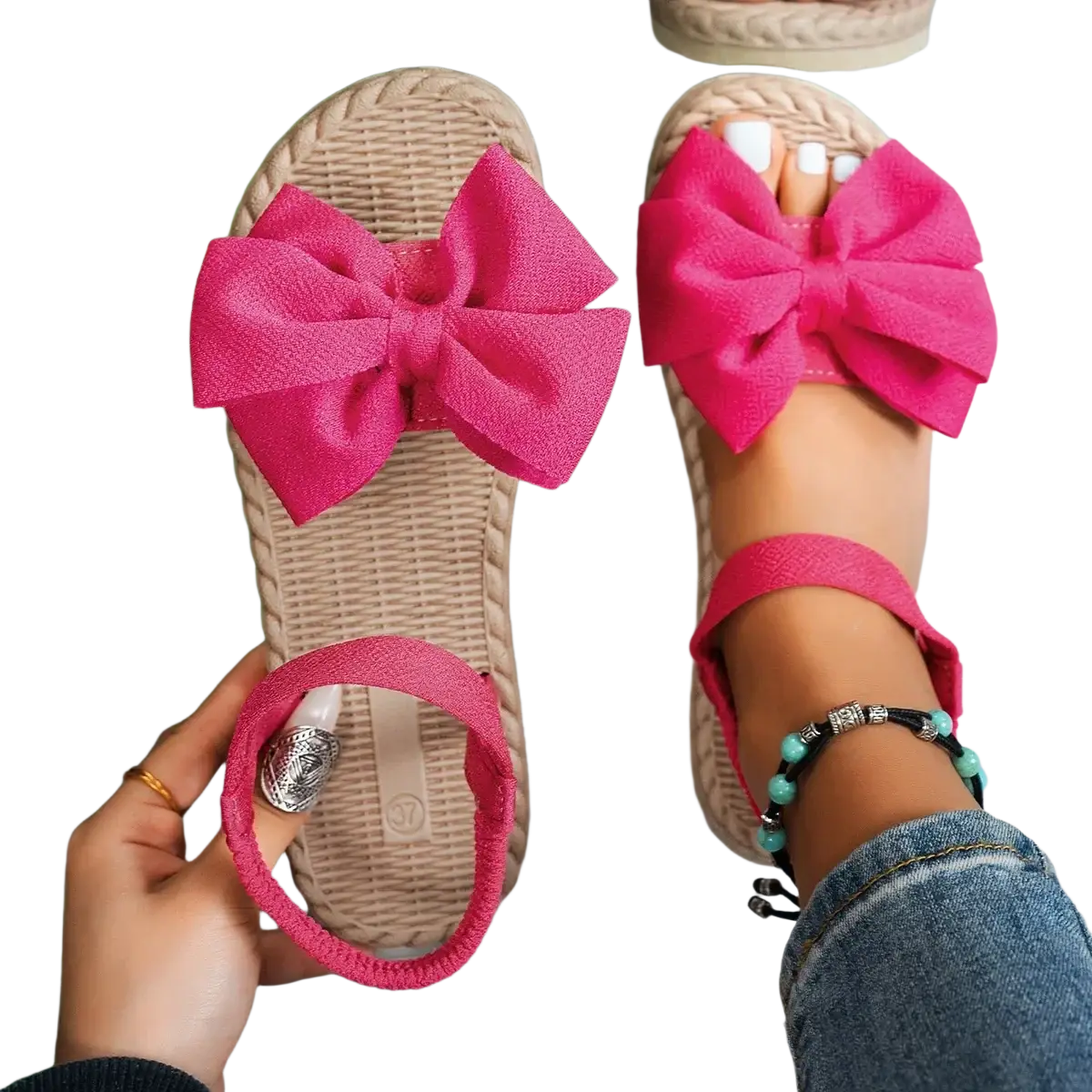 Bright pink woven espadrille sandals with a large fabric bow on the toe for women summer flat shoes