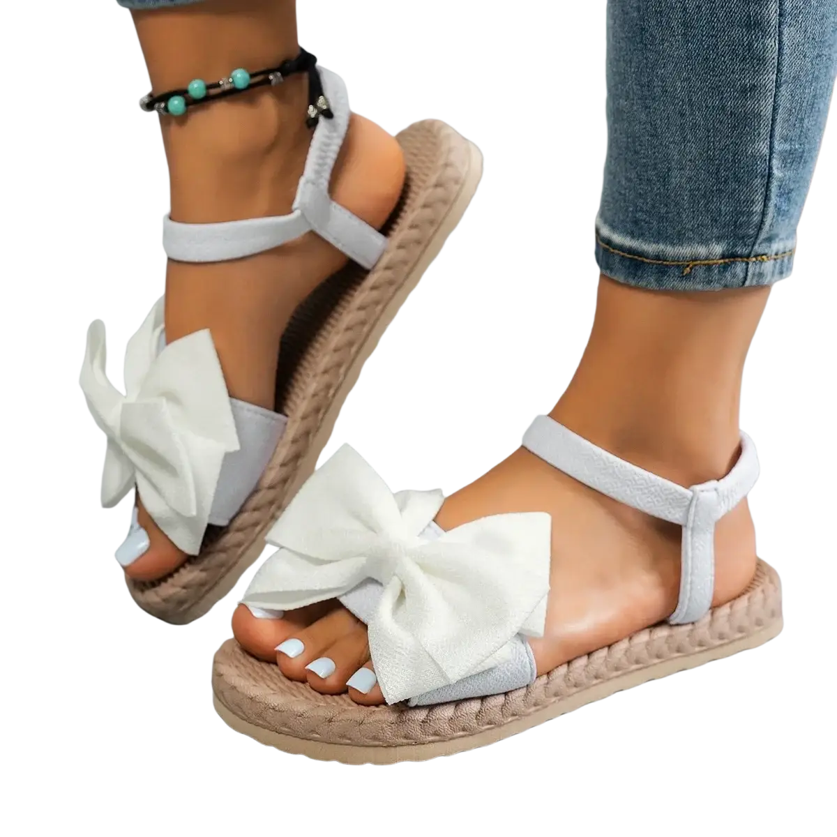 Women bow espadrille sandals flat summer shoes with white bows woven rope soles and adjustable ankle straps