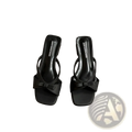 Black square toe women bow mules with low block heel sandals featuring elegant bow detail on front