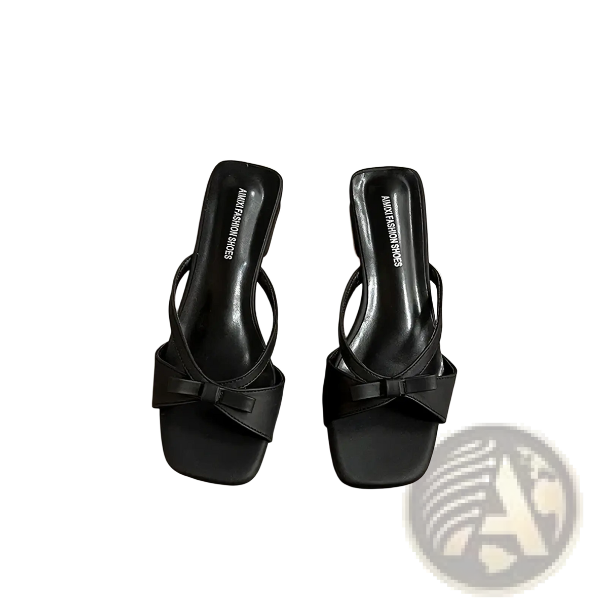 Black square toe women bow mules with low block heel sandals featuring elegant bow detail on front