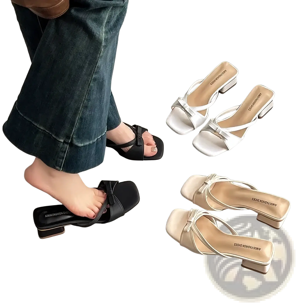 Black square-toe women bow mules with low block heel and elegant bow detail for casual and formal wear