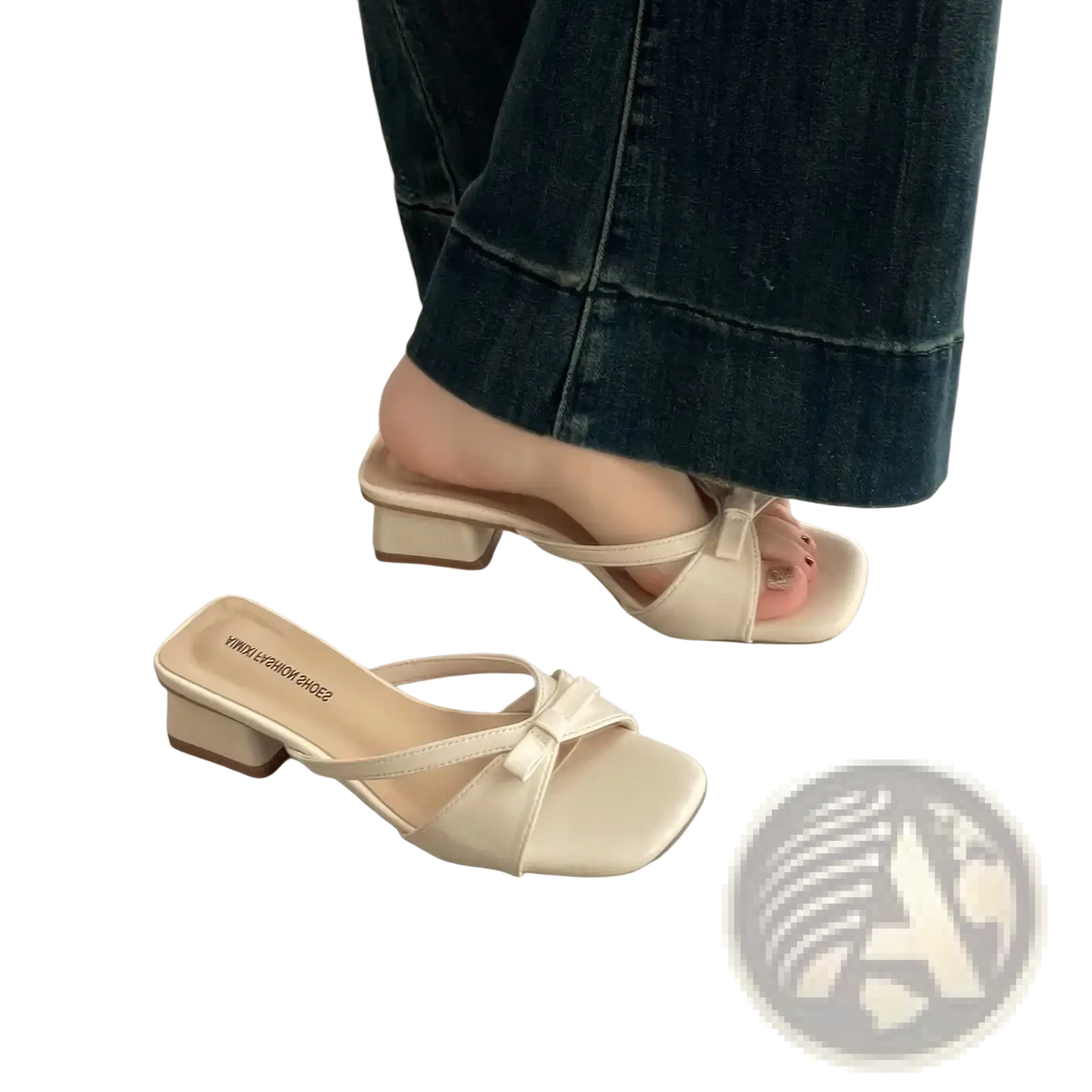 Cream-colored leather women bow mules with square toe low block heel and small bow detail on the strap