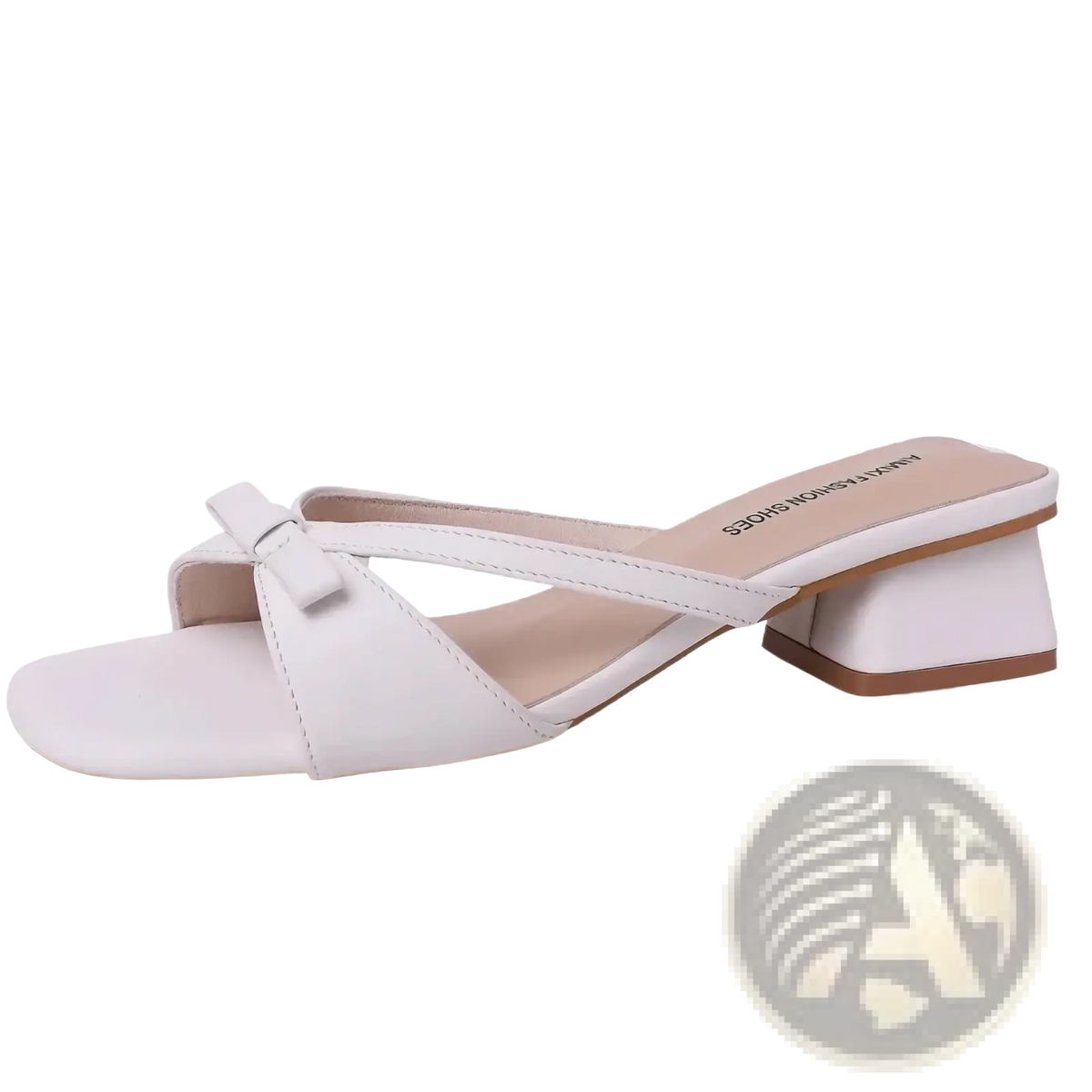 White leather women bow mules with square toe and low block heel sandal featuring a bow detail