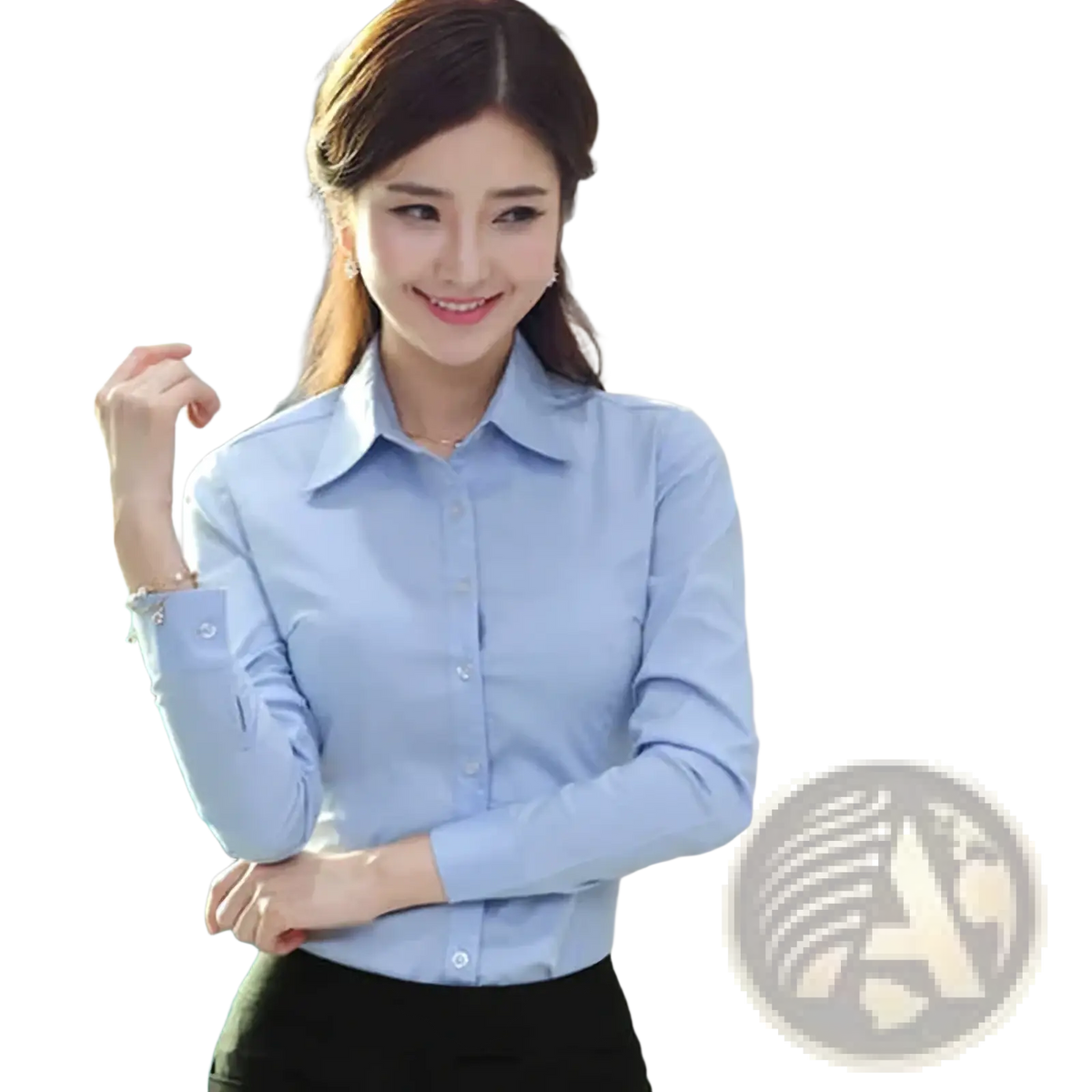 Light blue long-sleeved button-up blouse with classic collar and cuffs for women business casual wear