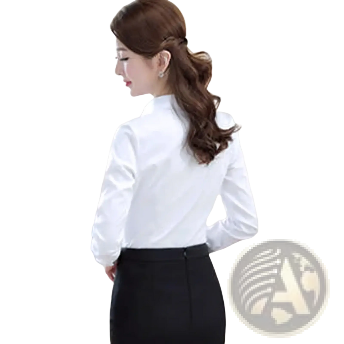 White long sleeve blouse with high collar and subtle pleats at the back for women business casual wear