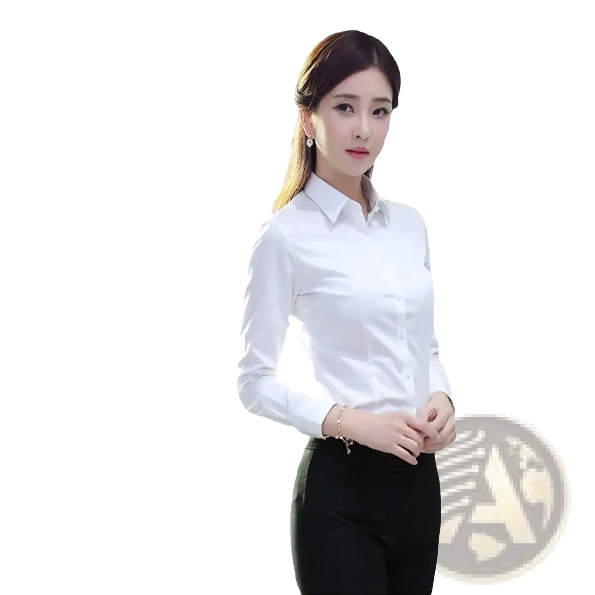 Women business casual long sleeve shirt in white with a classic collar and tailored fit for professional wear