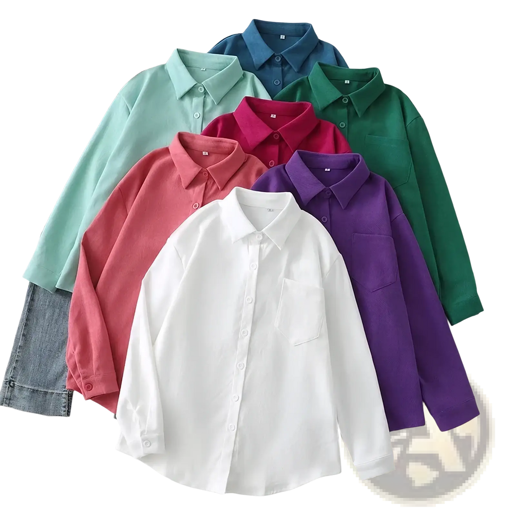 A collection of women button down blouse long sleeve casual shirts in solid white pink purple green teal and red colors