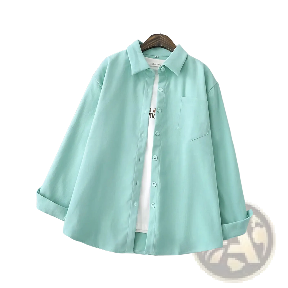 Women button down blouse long sleeve casual shirt in mint green with rolled cuffs and a chest pocket