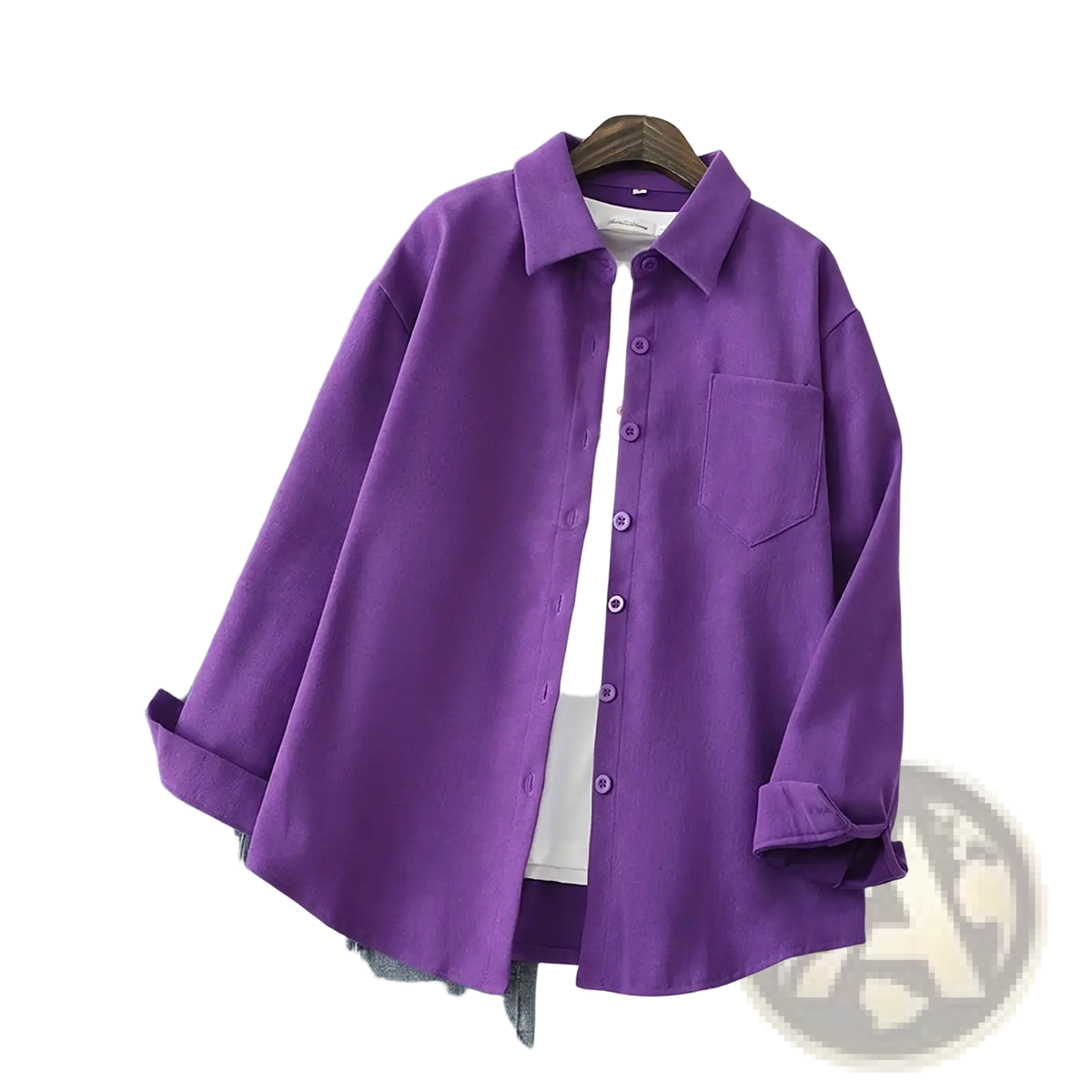 Women button down blouse long sleeve casual shirt in purple soft cotton with classic collar and front pocket