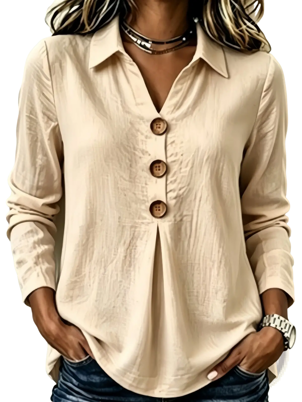 Beige women button up long sleeve blouse with wooden buttons and relaxed fit casual solid shirt front view