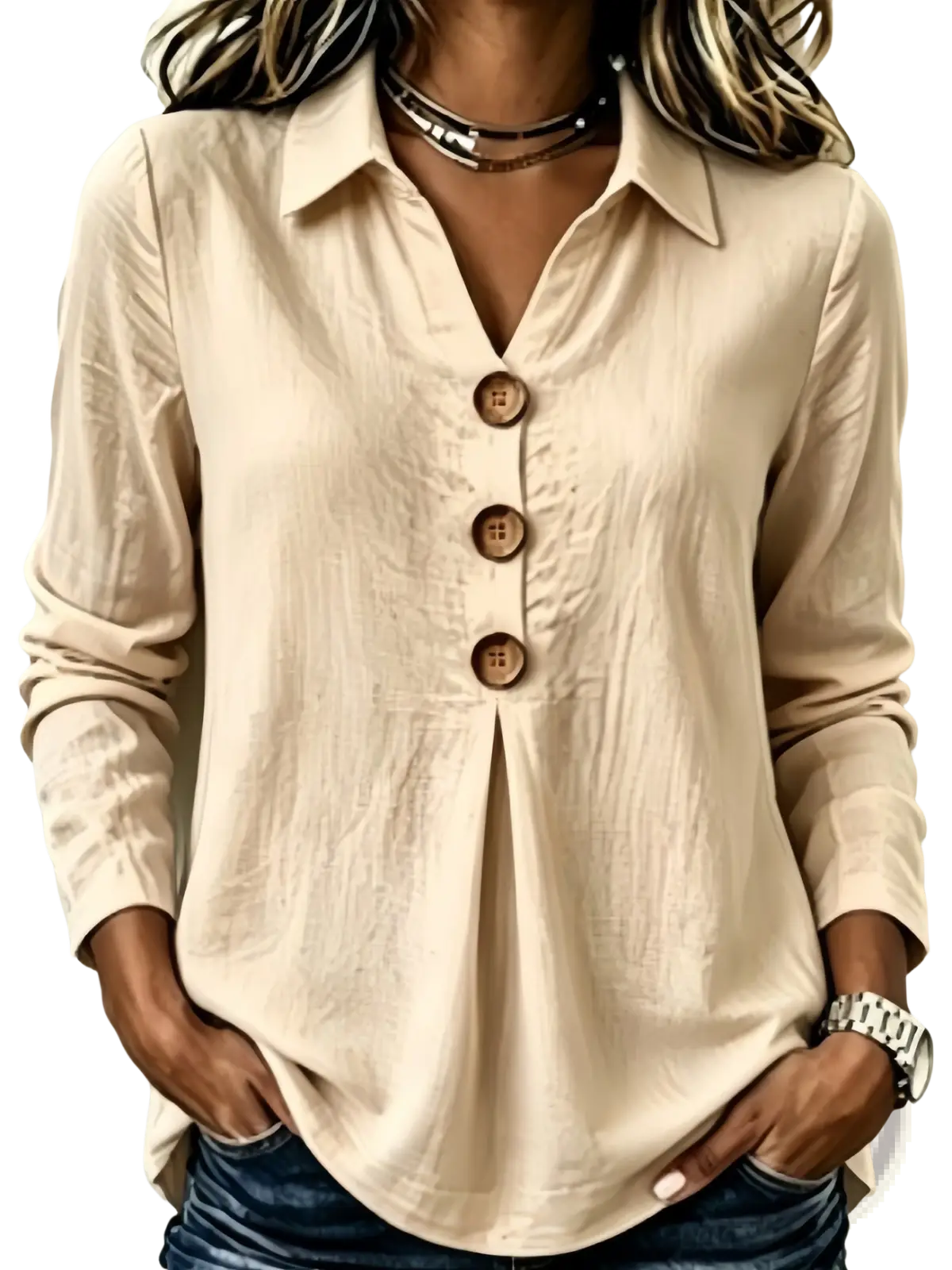 Beige women button up long sleeve blouse with wooden buttons and relaxed fit casual solid shirt front view