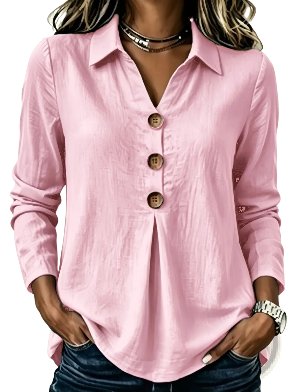 A soft pink women’s long sleeve button up blouse with a relaxed fit and wooden buttons for casual wear