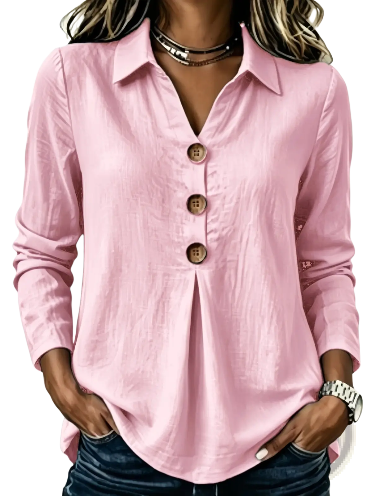 A soft pink women’s long sleeve button up blouse with a relaxed fit and wooden buttons for casual wear
