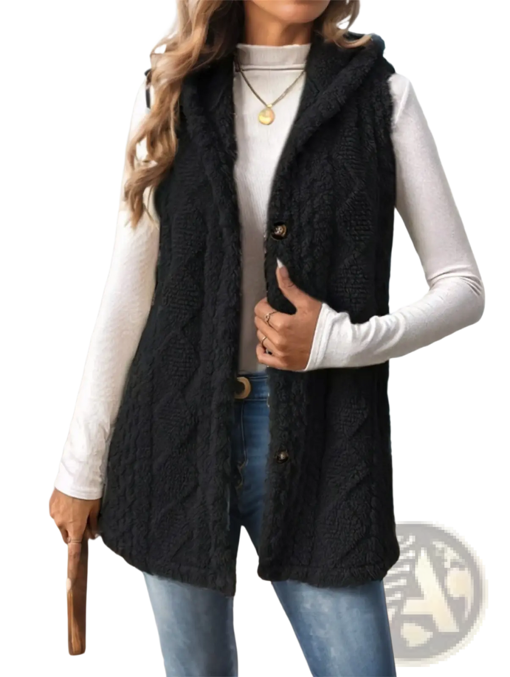 Black cable knit fleece hooded vest for women with button closures providing warmth and style