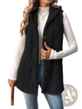 Black cable knit fleece hooded vest for women with button closures providing warmth and style