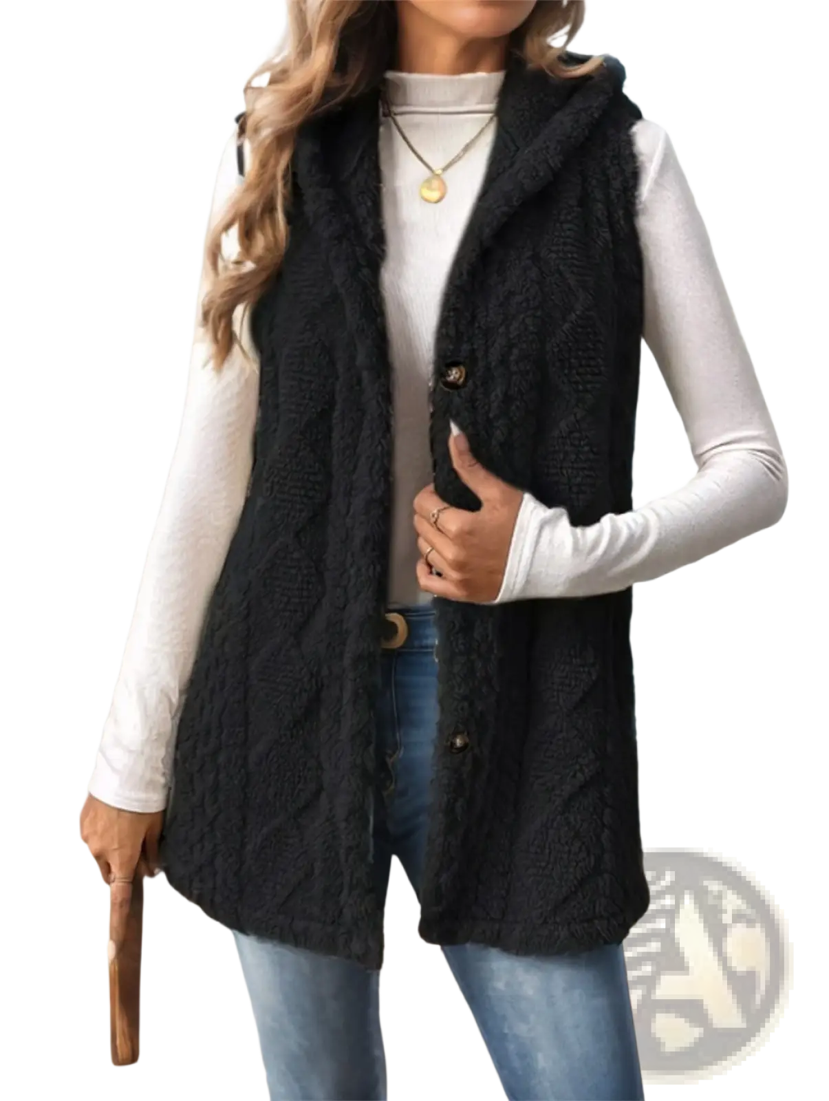Black cable knit fleece hooded vest for women with button closures providing warmth and style