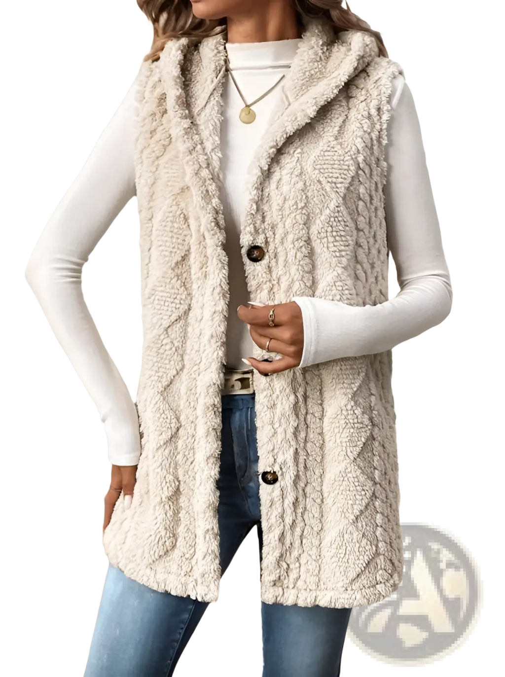 Beige women cable knit fleece hooded vest with front button closure made of warm cable knit fabric