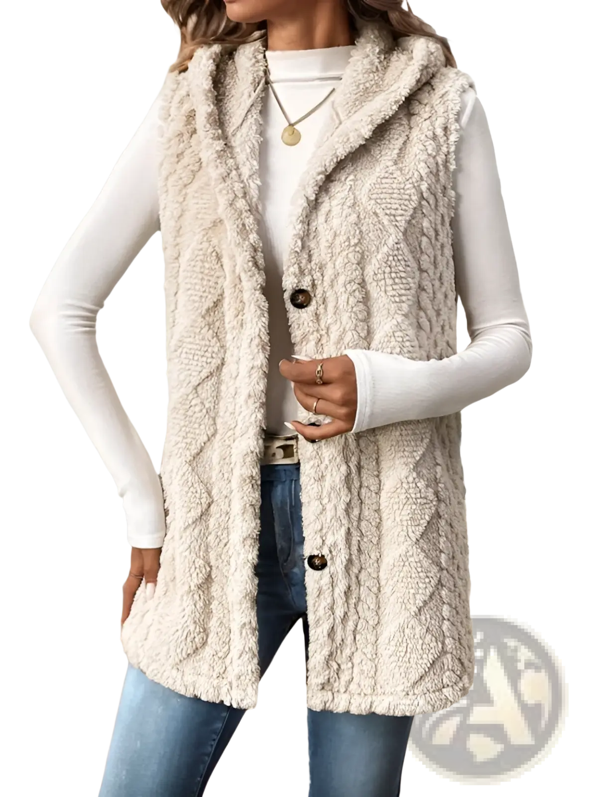 Beige women cable knit fleece hooded vest with front button closure made of warm cable knit fabric