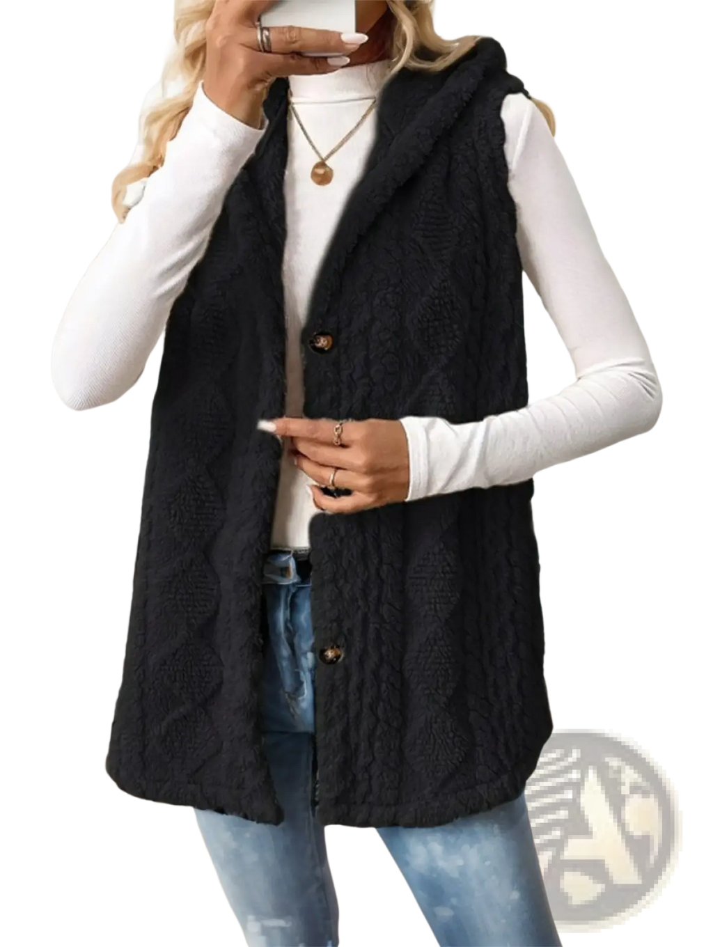 Black cable knit fleece hooded vest for women with button closures and a warm, cozy design
