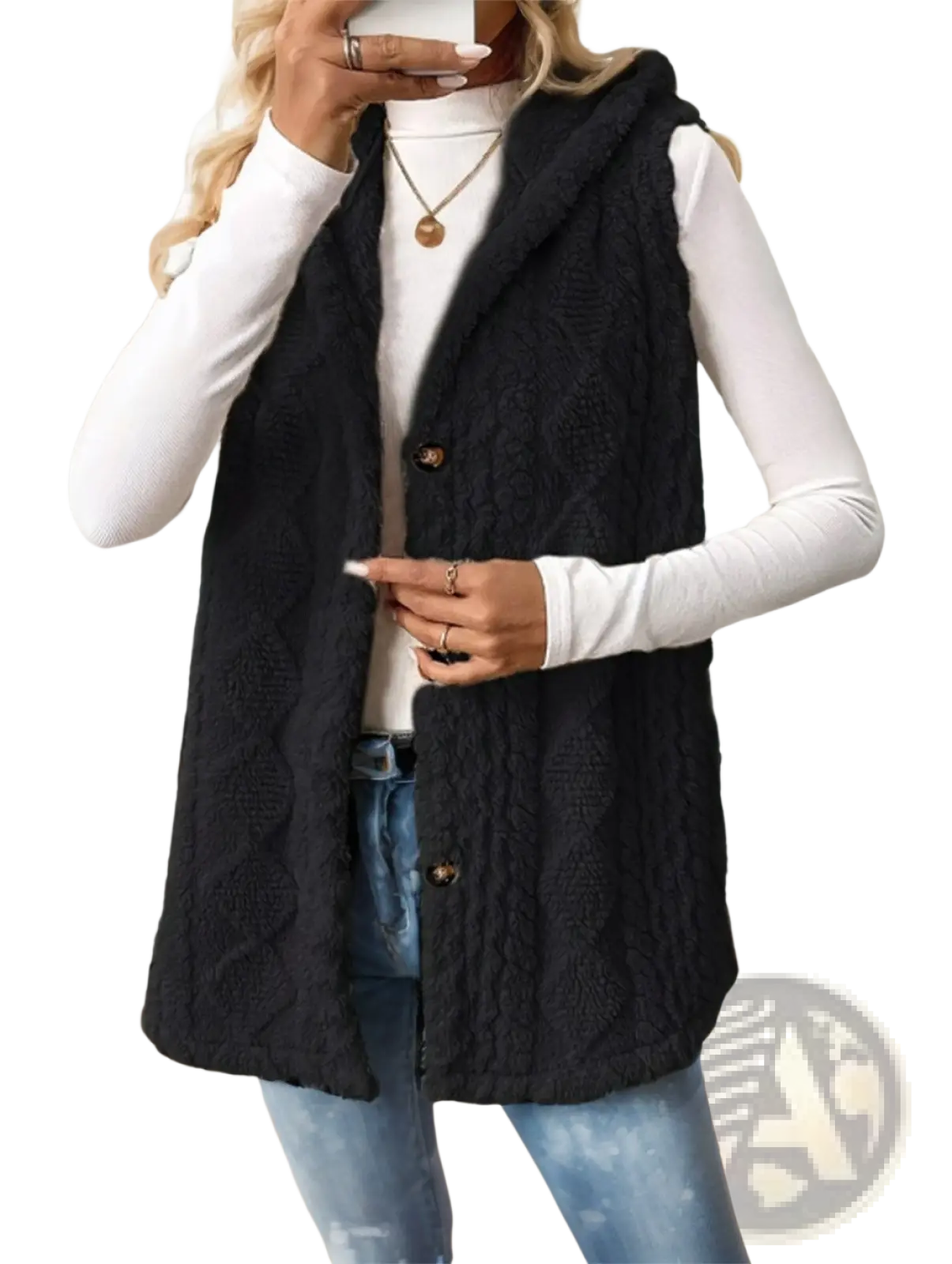 Black cable knit fleece hooded vest for women with button closures and a warm, cozy design