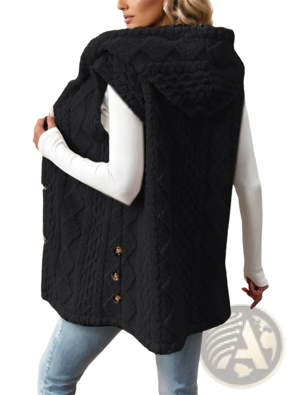 Women cable knit fleece hooded vest in black featuring a cozy textured pattern with matching buttons