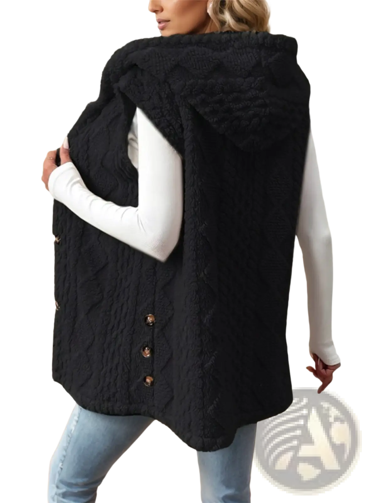 Women cable knit fleece hooded vest in black featuring a cozy textured pattern with matching buttons